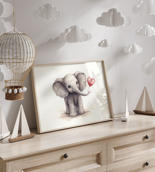 Baby Elephant Art, Elephant with Balloon, Safari Nursery Decor - WildfieldPrints