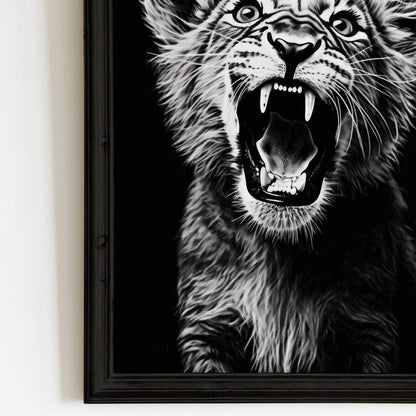 Baby Lion Nursery Art, Cute Safari Room Decor, Roaring Lion Cub Print - WildfieldPrints
