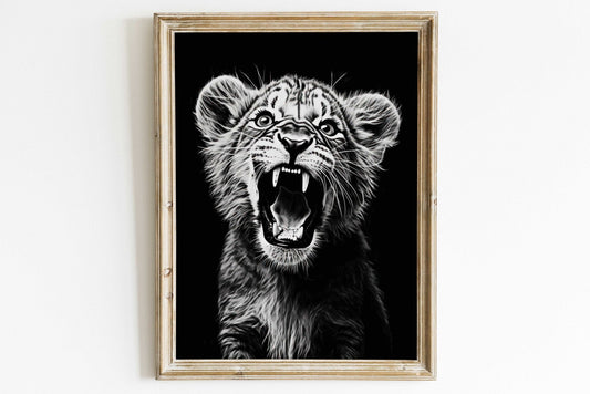 Baby Lion Nursery Art, Cute Safari Room Decor, Roaring Lion Cub Print - WildfieldPrints