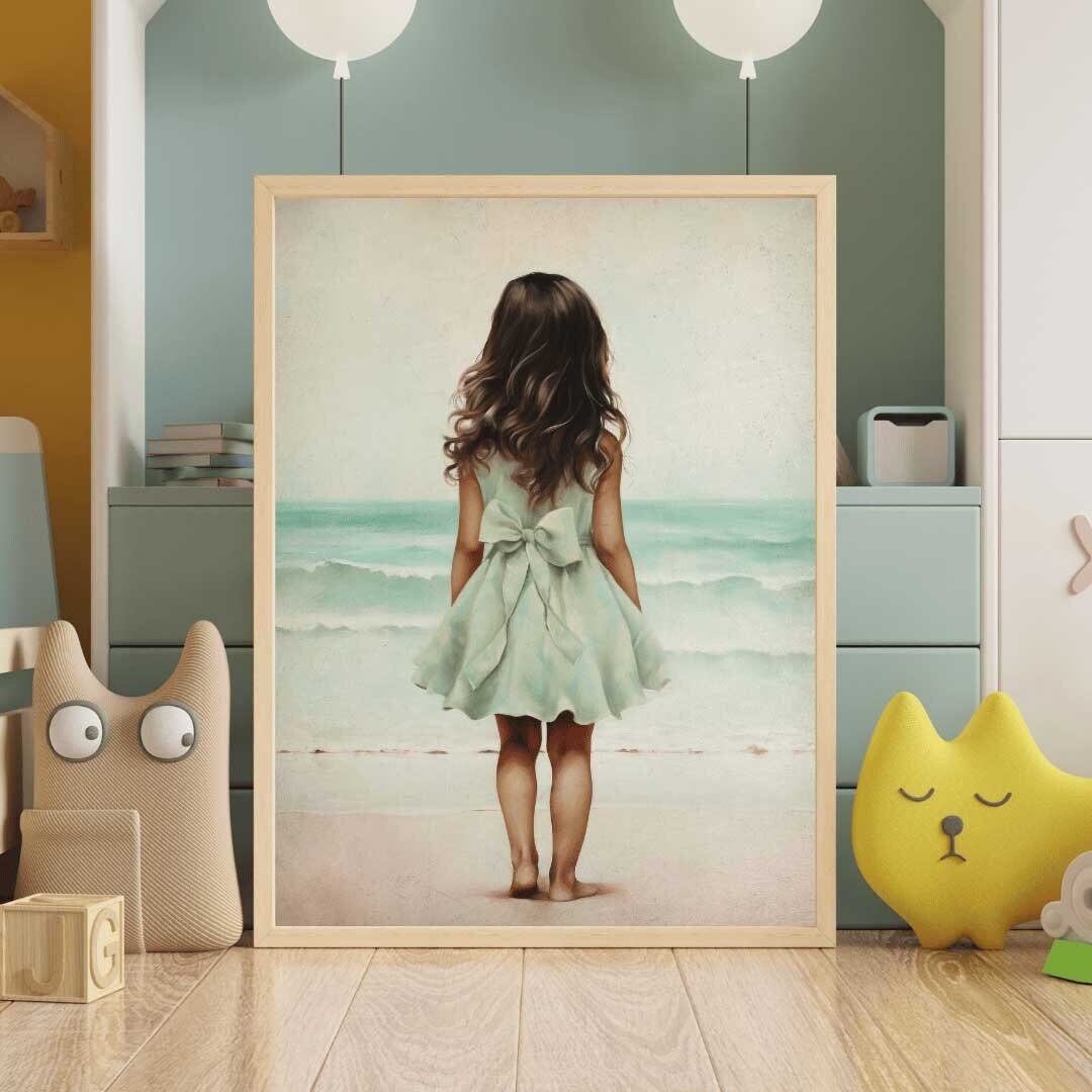 Little Girl Beach Print – Coastal Nursery Wall Art for Girls