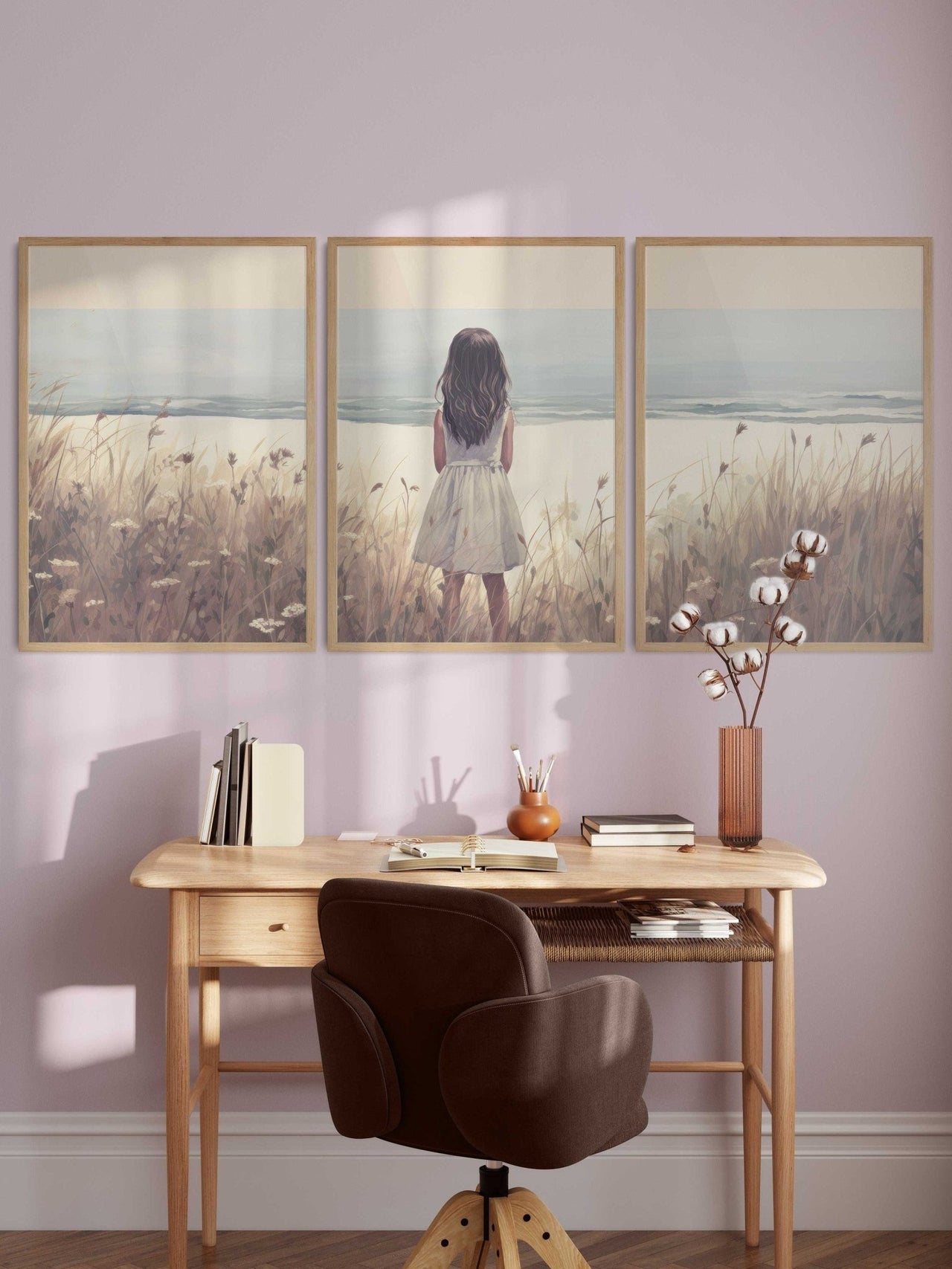 Girl on the Beach Wall Art – Coastal Nursery Print for Girls • Set of 3