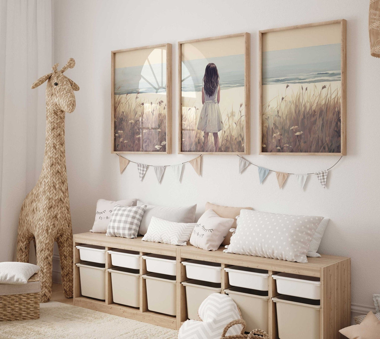Girl on the Beach Wall Art – Coastal Nursery Print for Girls • Set of 3