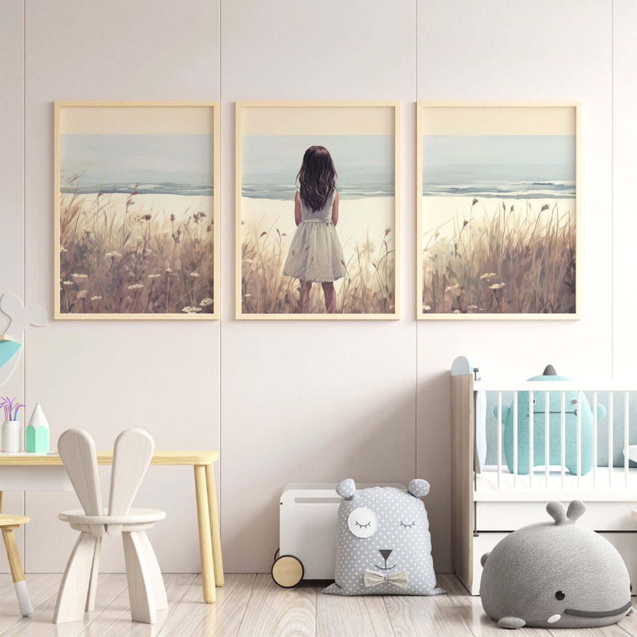 Girl on the Beach Wall Art – Coastal Nursery Print for Girls • Set of 3