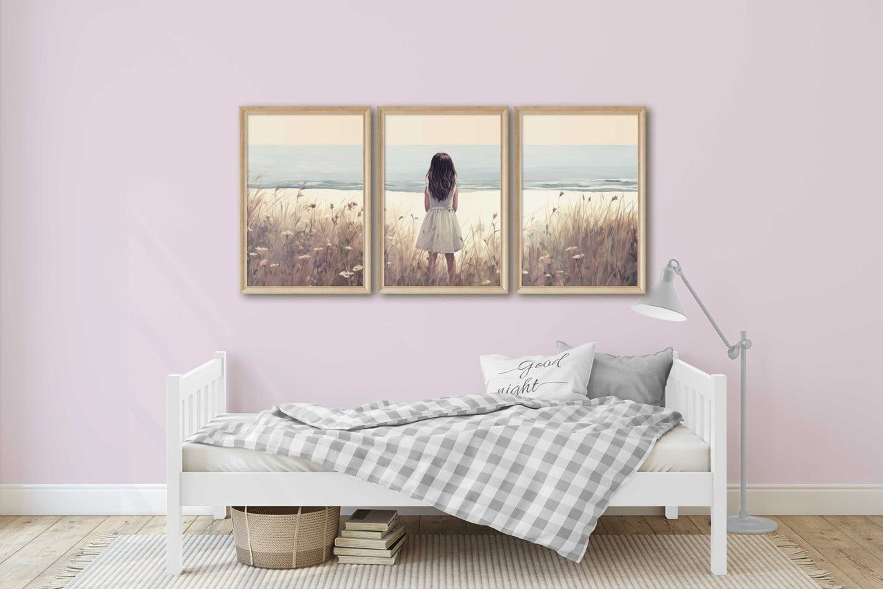 Girl on the Beach Wall Art – Coastal Nursery Print for Girls • Set of 3
