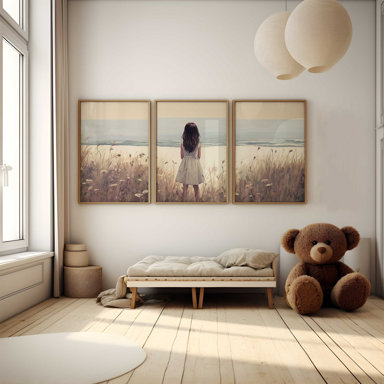 Girl on the Beach Wall Art – Coastal Nursery Print for Girls • Set of 3