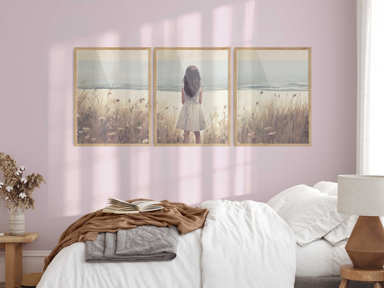 Girl on the Beach Wall Art – Coastal Nursery Print for Girls • Set of 3