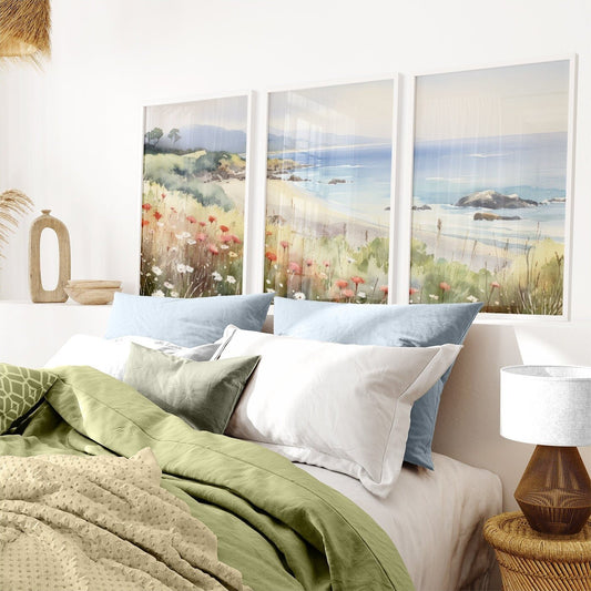 Beach Wall Art, Coastal Landscape Watercolor Painting, Seascape Decor - WildfieldPrints