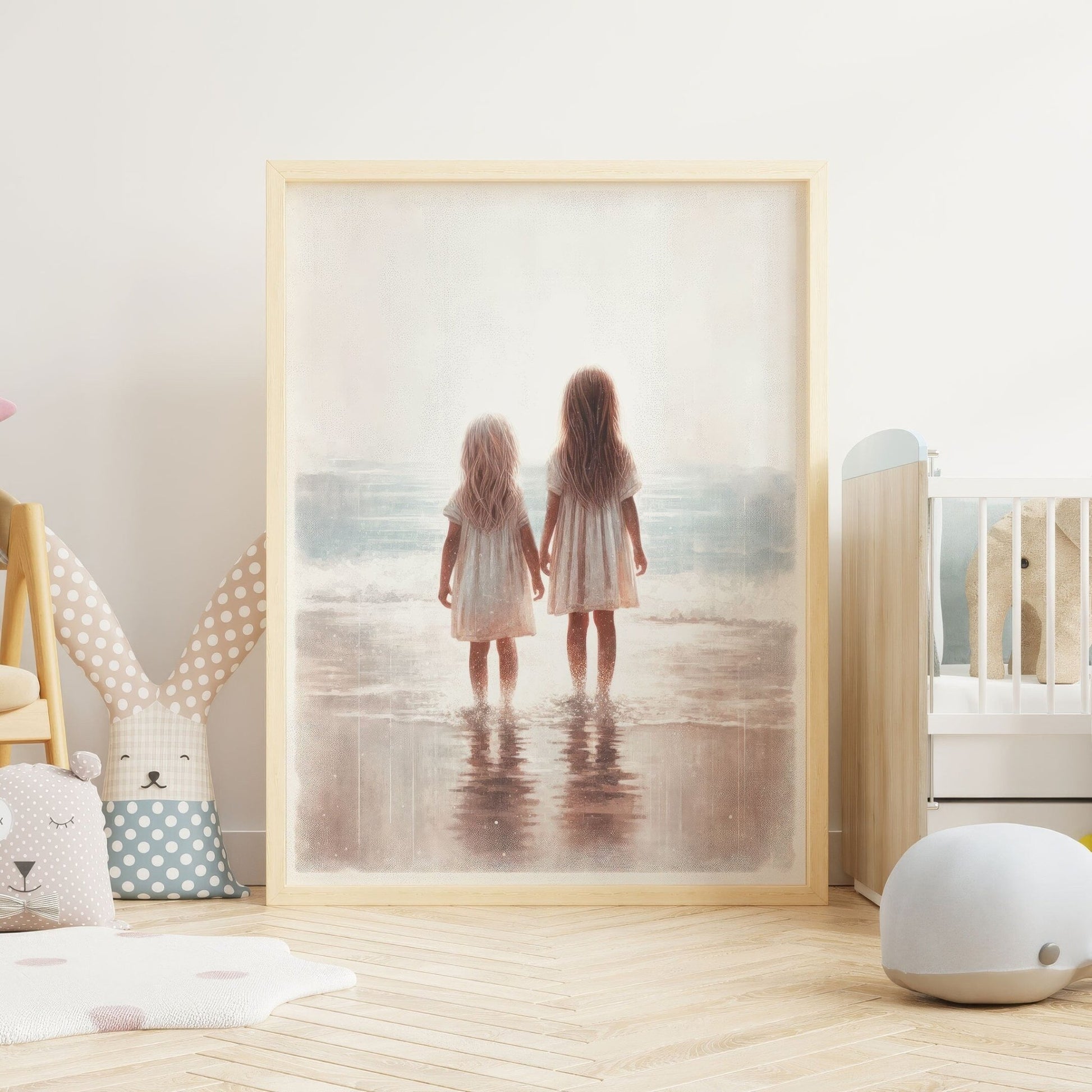 Beachside Sisterhood Print, Vintage - Inspired Siblings Wall Art, Light & Airy Decor - WildfieldPrints