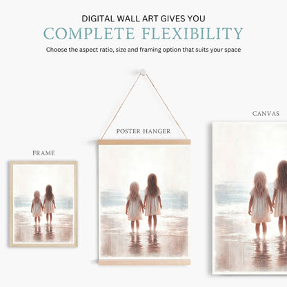 Beachside Sisterhood Print, Vintage - Inspired Siblings Wall Art, Light & Airy Decor - WildfieldPrints