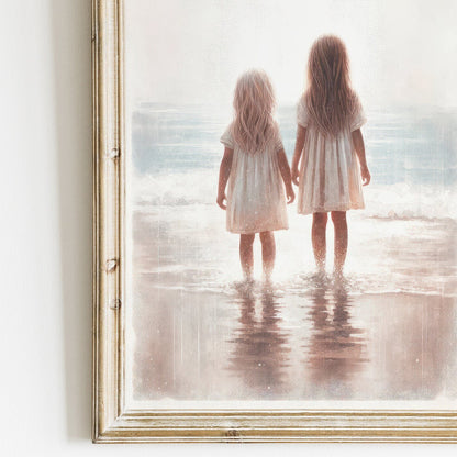 Beachside Sisterhood Print, Vintage - Inspired Siblings Wall Art, Light & Airy Decor - WildfieldPrints