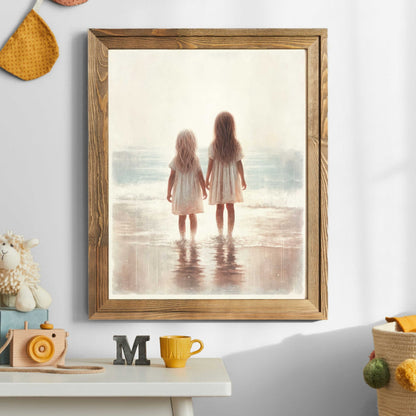Beachside Sisterhood Print, Vintage - Inspired Siblings Wall Art, Light & Airy Decor - WildfieldPrints