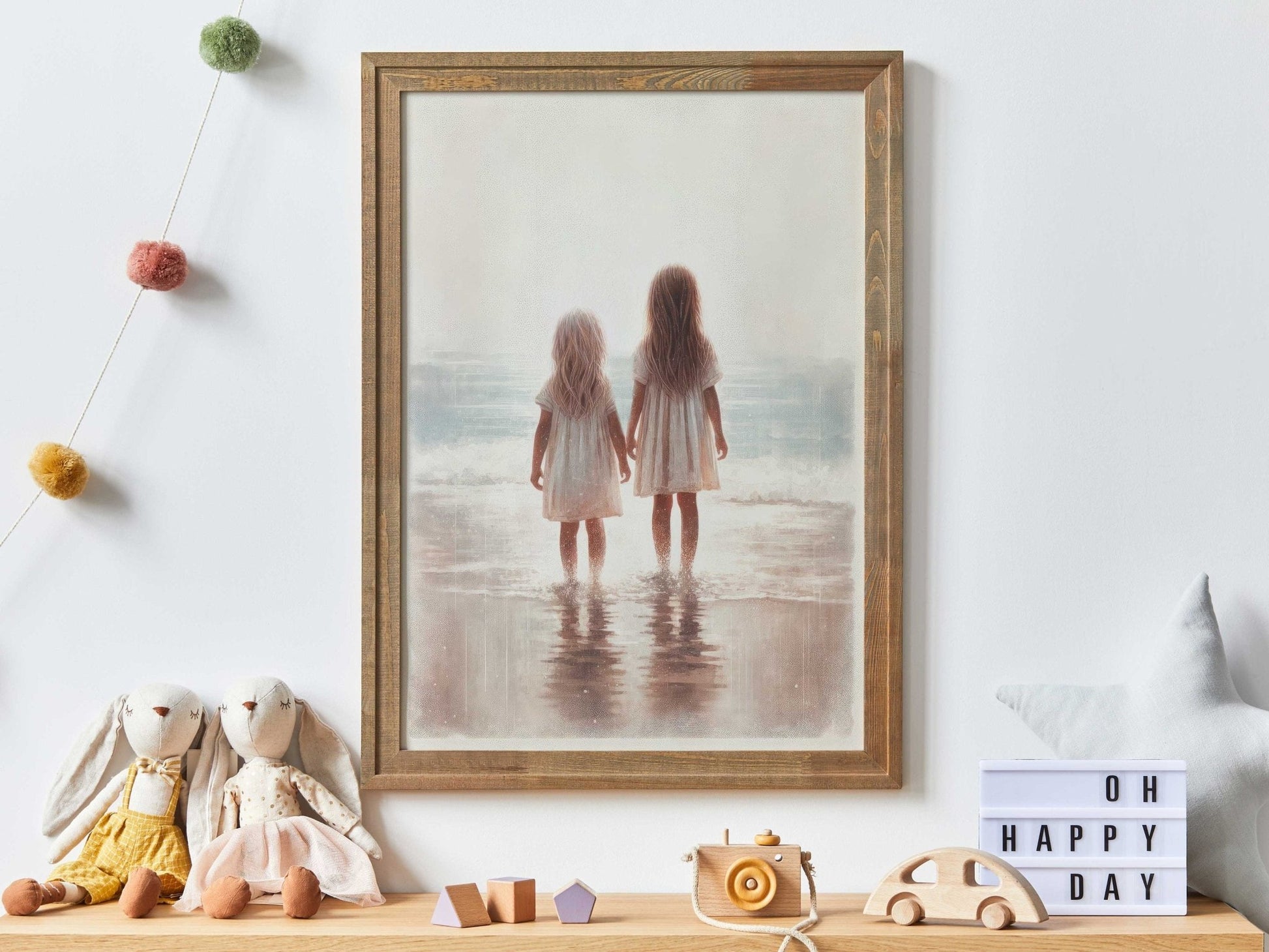 Beachside Sisterhood Print, Vintage - Inspired Siblings Wall Art, Light & Airy Decor - WildfieldPrints