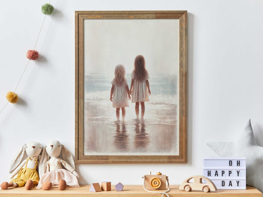 Beachside Sisterhood Print, Vintage - Inspired Siblings Wall Art, Light & Airy Decor - WildfieldPrints