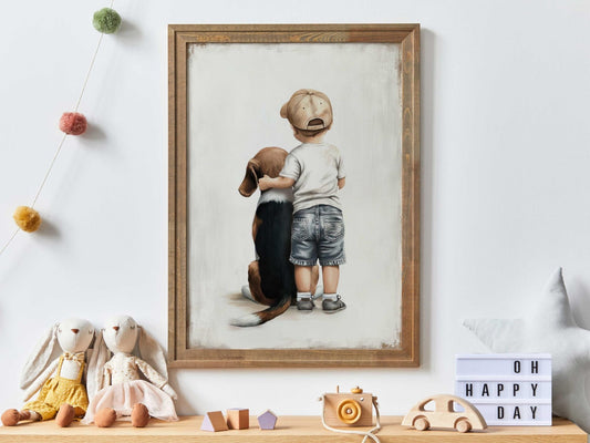 Beagle Nursery Decor, Boy & Dog Painting, Beagle Wall Art, Dog Print - WildfieldPrints