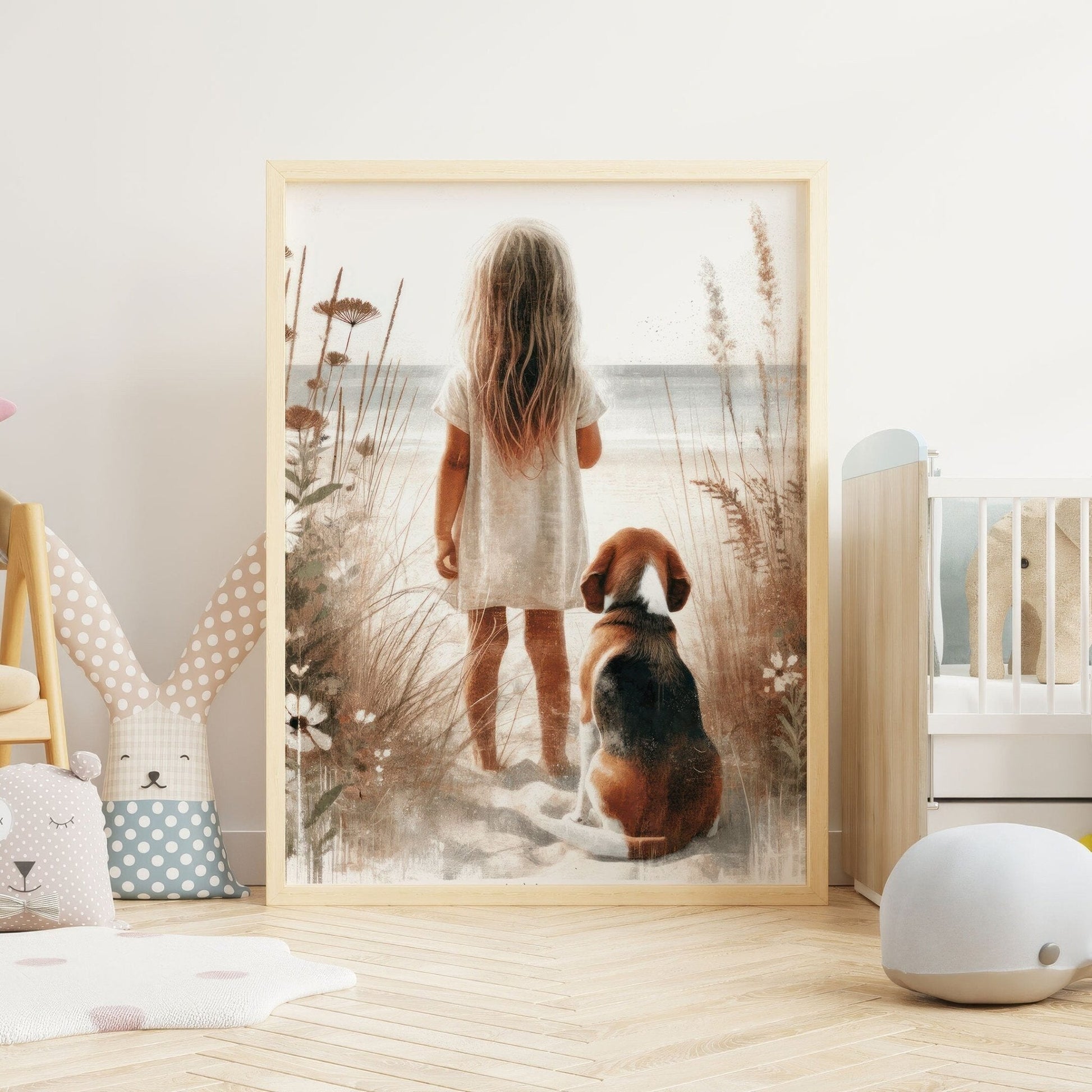 Beagle Nursery Decor, Girl & Dog Painting, Beagle Wall Art - WildfieldPrints