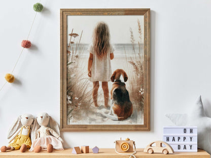 Beagle Nursery Decor, Girl & Dog Painting, Beagle Wall Art - WildfieldPrints