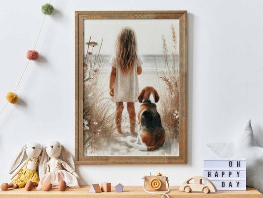 Beagle Nursery Decor, Girl & Dog Painting, Beagle Wall Art - WildfieldPrints