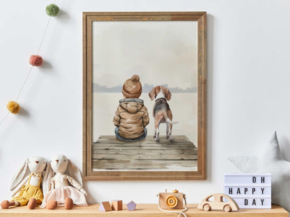 Beagle Nursery Print, Boy & Dog Artwork, Animal Wall Decor - WildfieldPrints