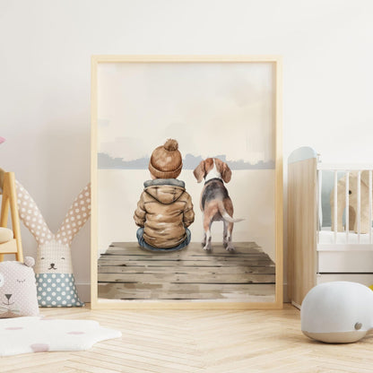 Beagle Nursery Print, Boy & Dog Artwork, Animal Wall Decor - WildfieldPrints
