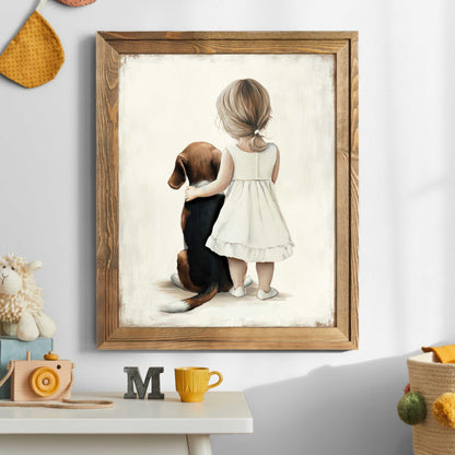Beagle Nursery Print, Girl and Dog Wall Art, Baby Shower Decor - WildfieldPrints