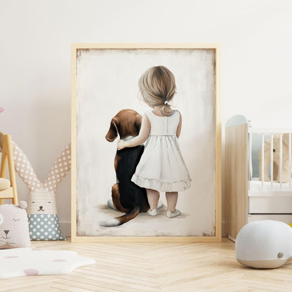 Beagle Nursery Print, Girl and Dog Wall Art, Baby Shower Decor - WildfieldPrints