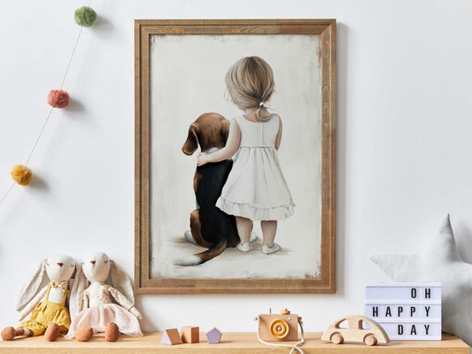 Beagle Nursery Print, Girl and Dog Wall Art, Baby Shower Decor - WildfieldPrints