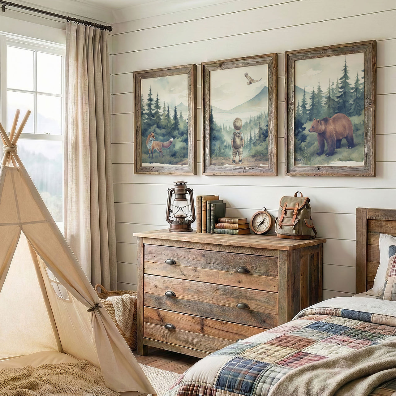 Bear and Fox Wall Art – Woodland Boys Room Print • Set of 3