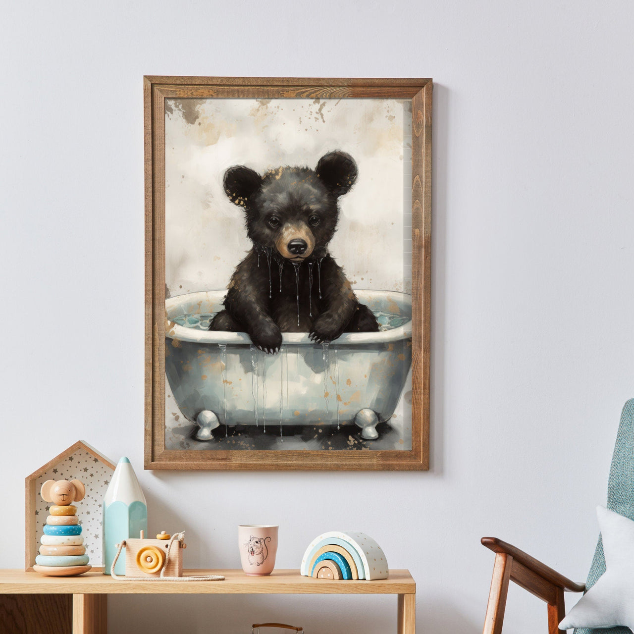 Bear Bathing Wall Art – Woodland Kids Room Print