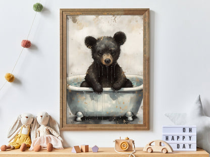 Bear Bathing Print, Woodland Animal Decor, Kids Room Wall Art - WildfieldPrints