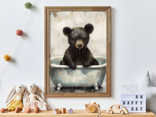 Bear Bathing Print, Woodland Animal Decor, Kids Room Wall Art - WildfieldPrints