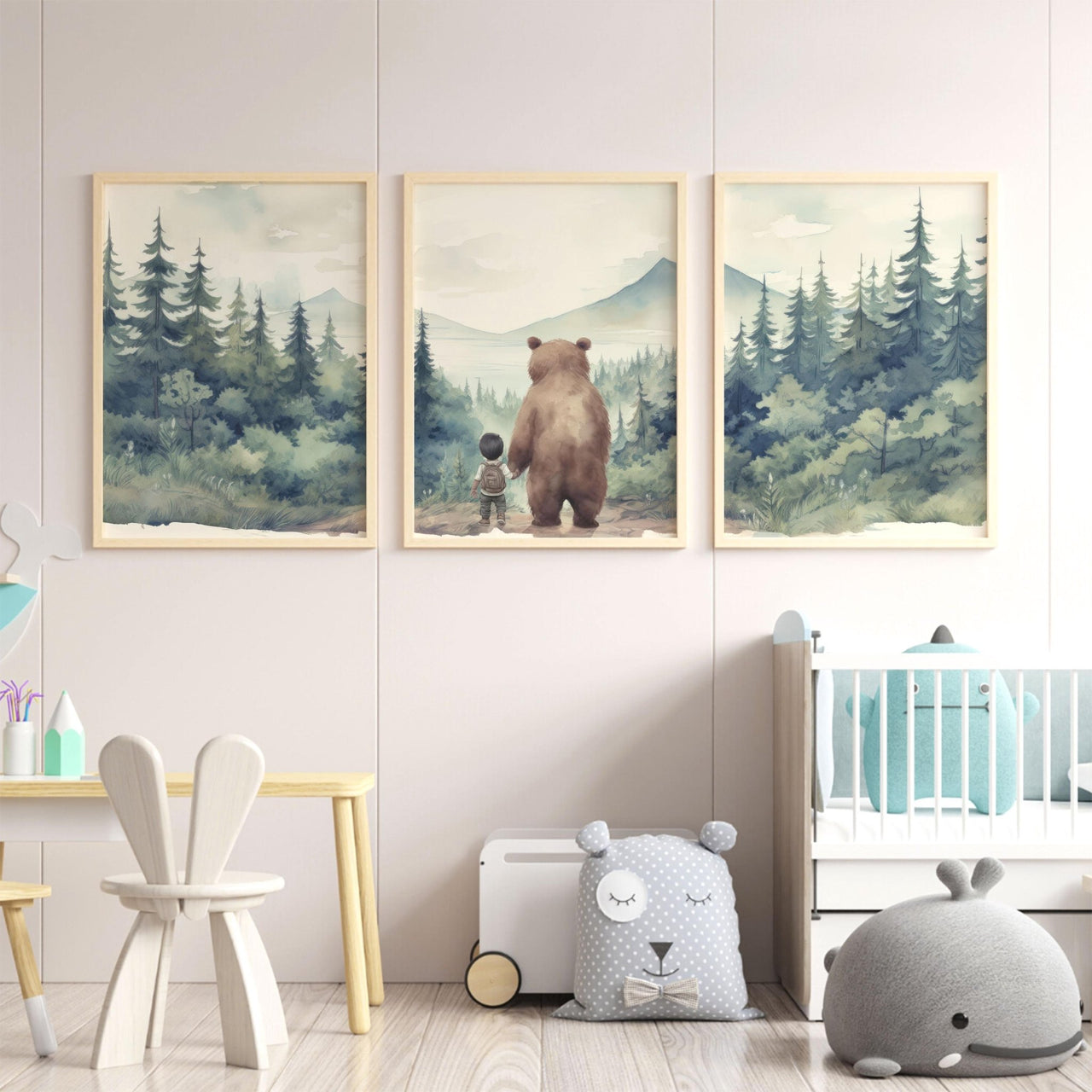 Brown Bear Wall Art – Forest Nursery Print • Set of 3