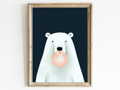 Bear Bubblegum Art, Playful Nursery Decor, Minimalist Kids Room Decor - WildfieldPrints