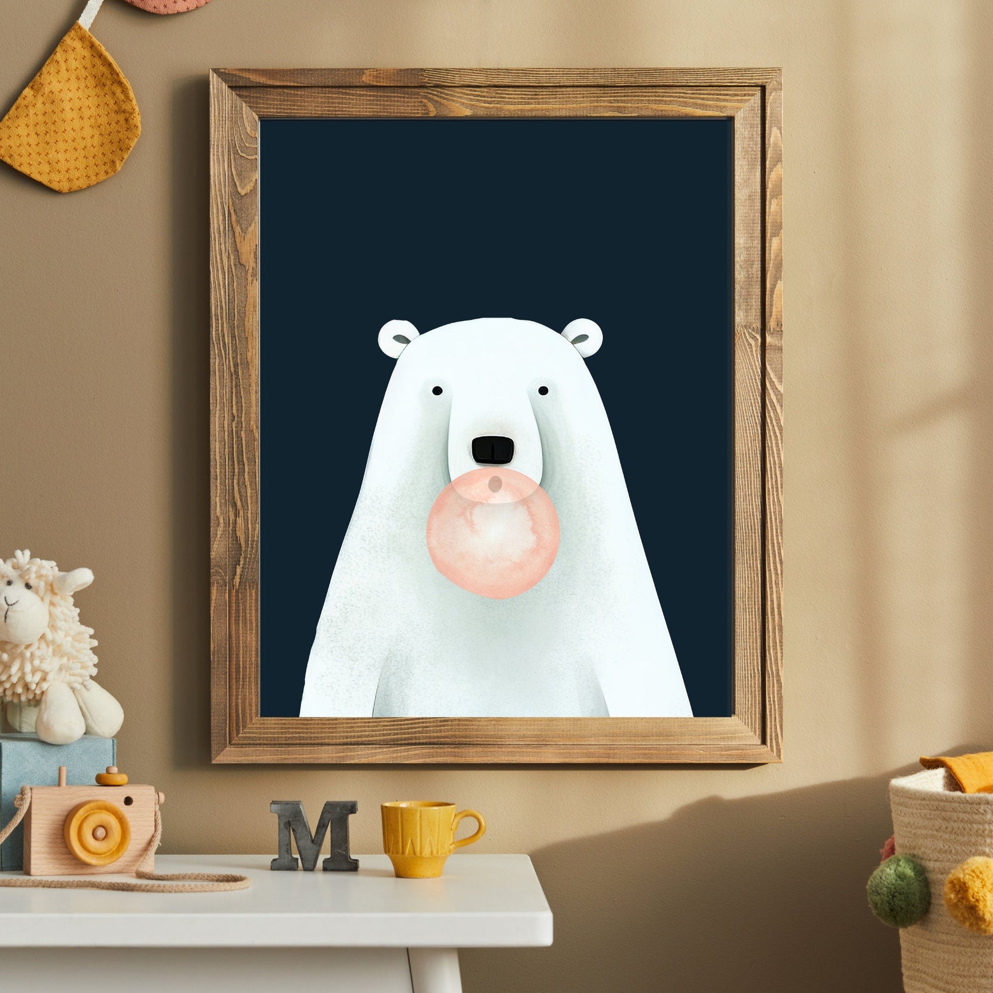 Bear Bubblegum Art, Playful Nursery Decor, Minimalist Kids Room Decor - WildfieldPrints