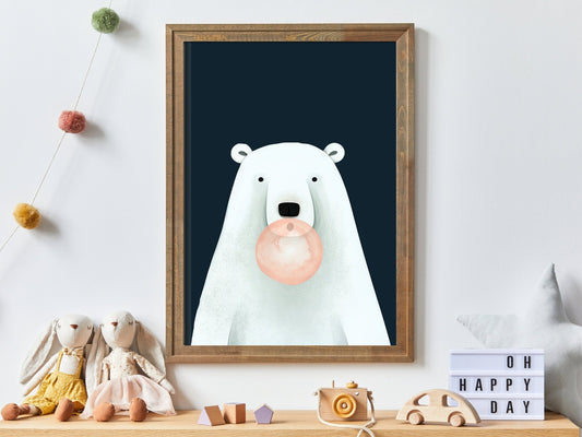 Bear Bubblegum Art, Playful Nursery Decor, Minimalist Kids Room Decor - WildfieldPrints