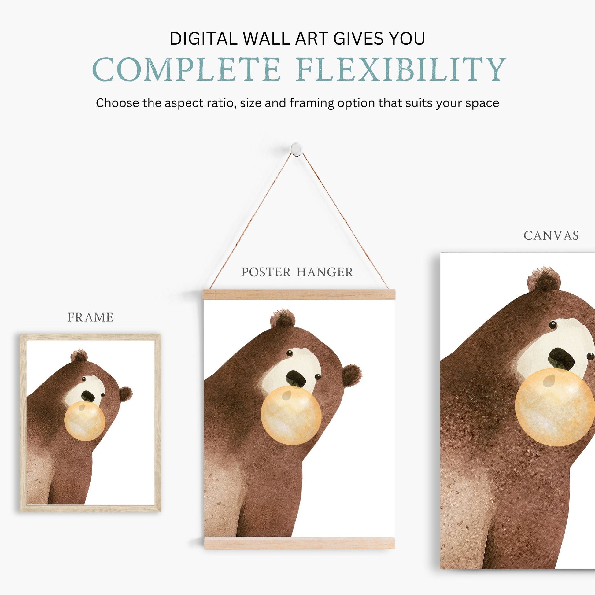 Bear Bubblegum Art, Whimsical Kids Room Decor, Playful Animal Prints - WildfieldPrints