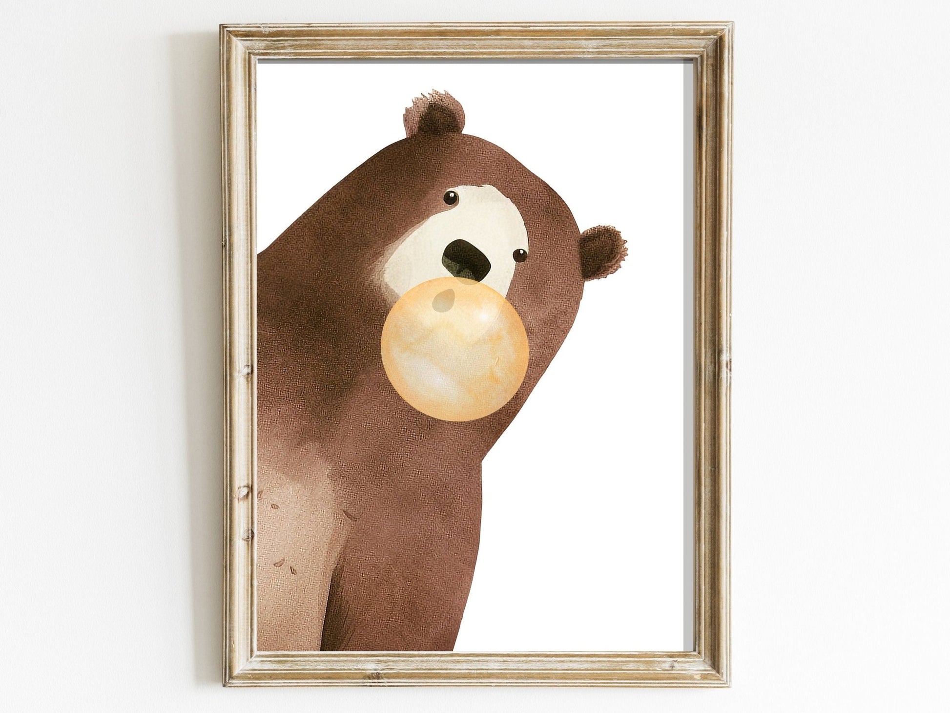 Bear Bubblegum Art, Whimsical Kids Room Decor, Playful Animal Prints - WildfieldPrints