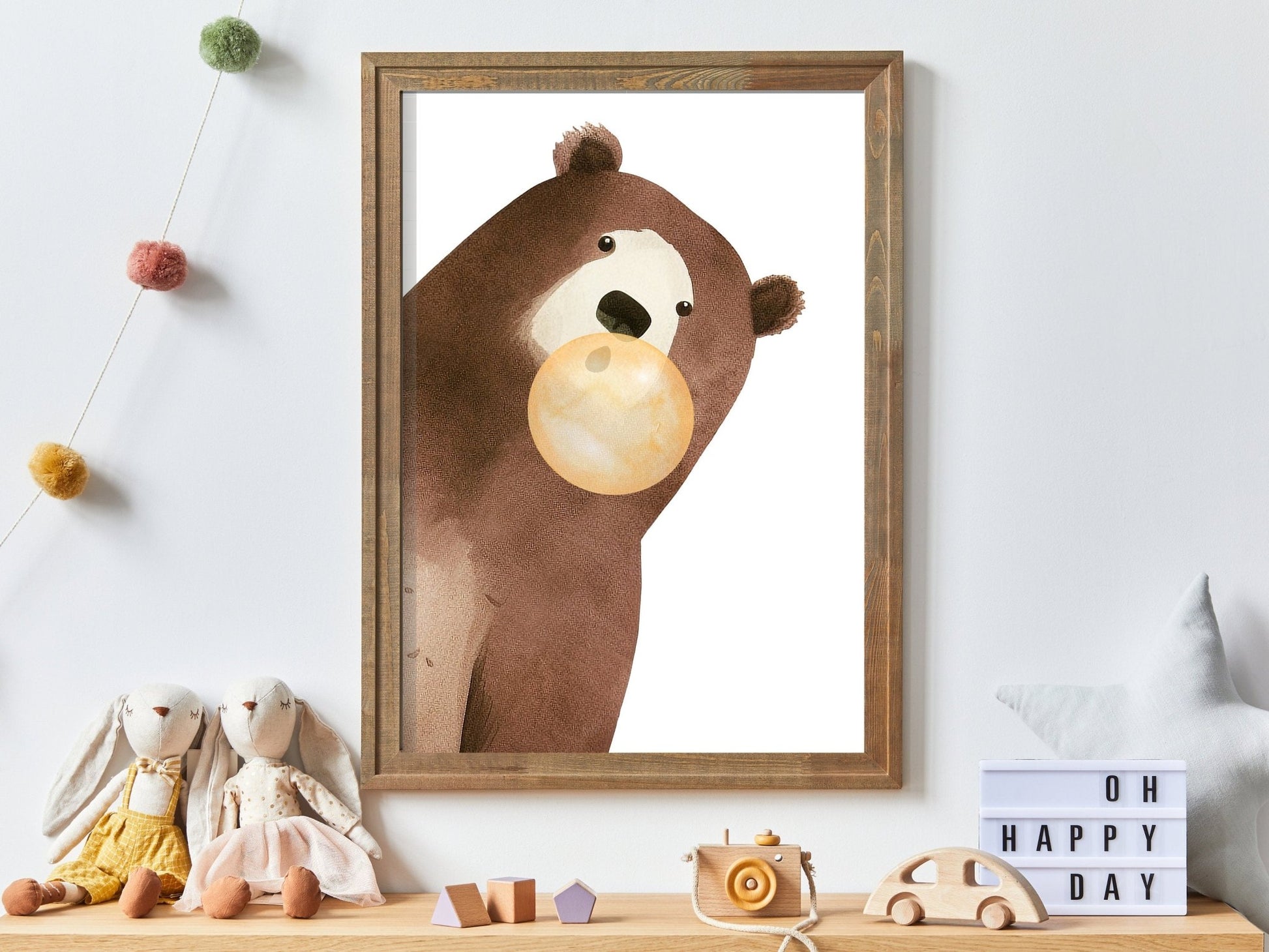 Bear Bubblegum Art, Whimsical Kids Room Decor, Playful Animal Prints - WildfieldPrints