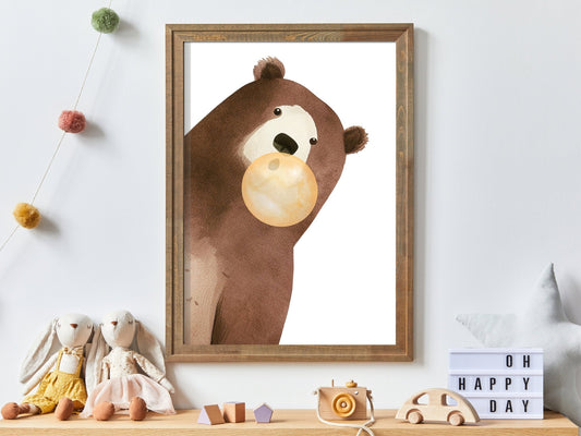 Bear Bubblegum Art, Whimsical Kids Room Decor, Playful Animal Prints - WildfieldPrints