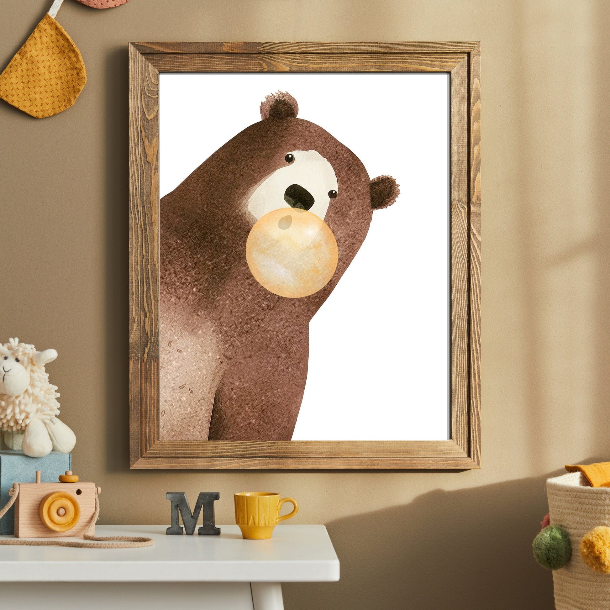 Bear Bubblegum Art, Whimsical Kids Room Decor, Playful Animal Prints - WildfieldPrints