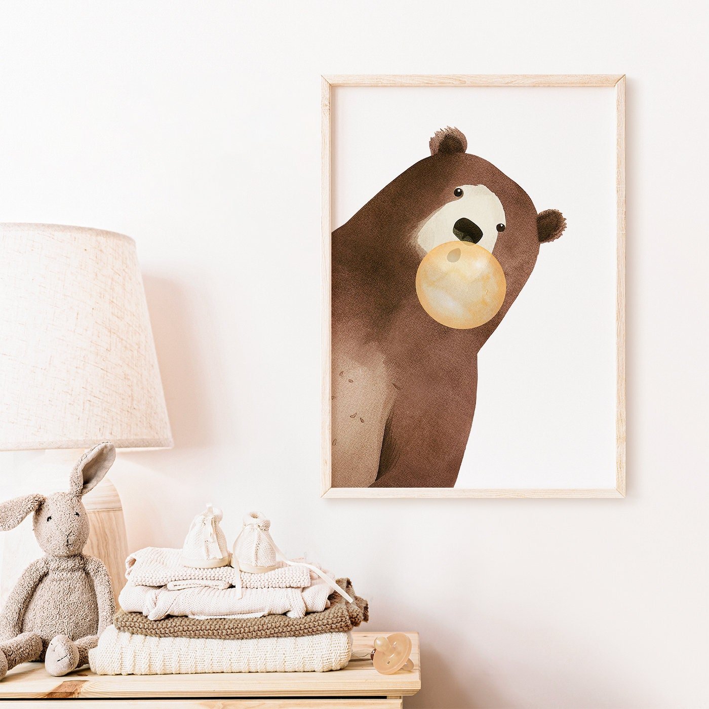 Bear Bubblegum Art, Whimsical Kids Room Decor, Playful Animal Prints - WildfieldPrints