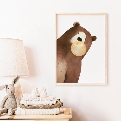 Bear Bubblegum Art, Whimsical Kids Room Decor, Playful Animal Prints - WildfieldPrints