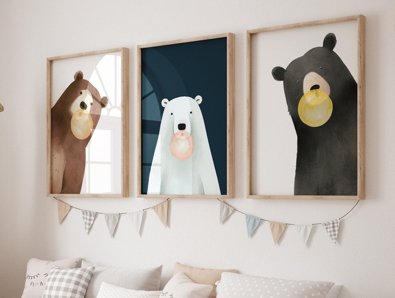 Bear Bubbles Wall Art – Animal Kids Room Decor • Set of 3