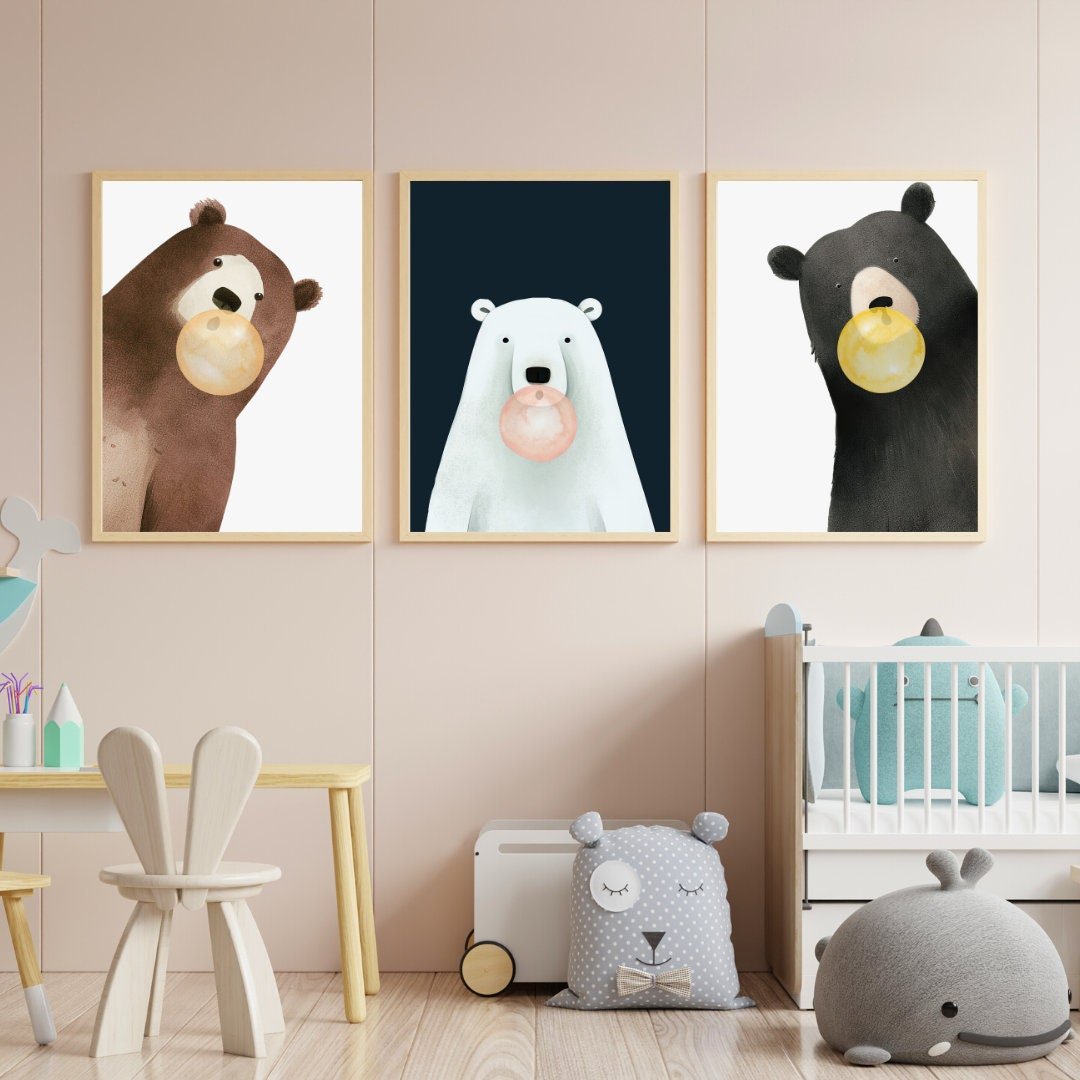 Bear Bubbles Wall Art – Animal Kids Room Decor • Set of 3