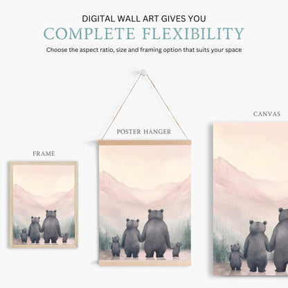 Bear Family Art, Cute Animal Portraits, Nursery Decor for Girls - WildfieldPrints