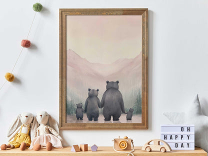 Bear Family Art, Cute Animal Portraits, Nursery Decor for Girls - WildfieldPrints
