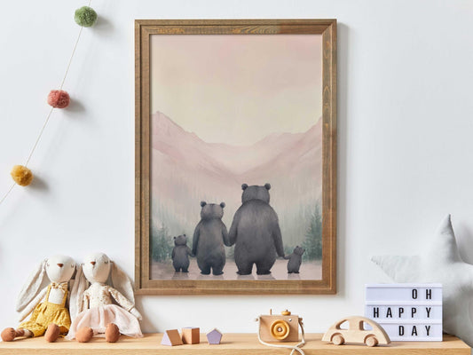 Bear Family Art, Cute Animal Portraits, Nursery Decor for Girls - WildfieldPrints
