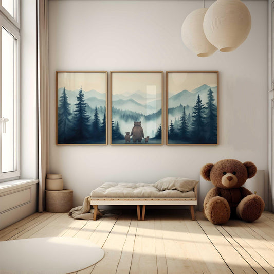 Bear Family Art, Woodland Nursery Decor, Dad and Kids Painting - WildfieldPrints