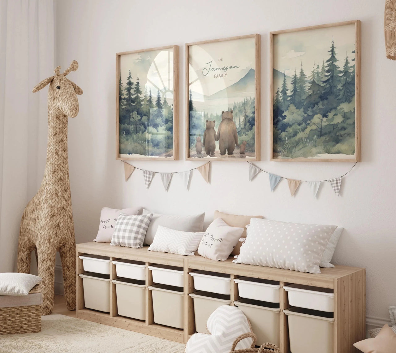 Bear Family Portrait Prints (Family of 4) – Woodland Kids Room Decor • Set of 3