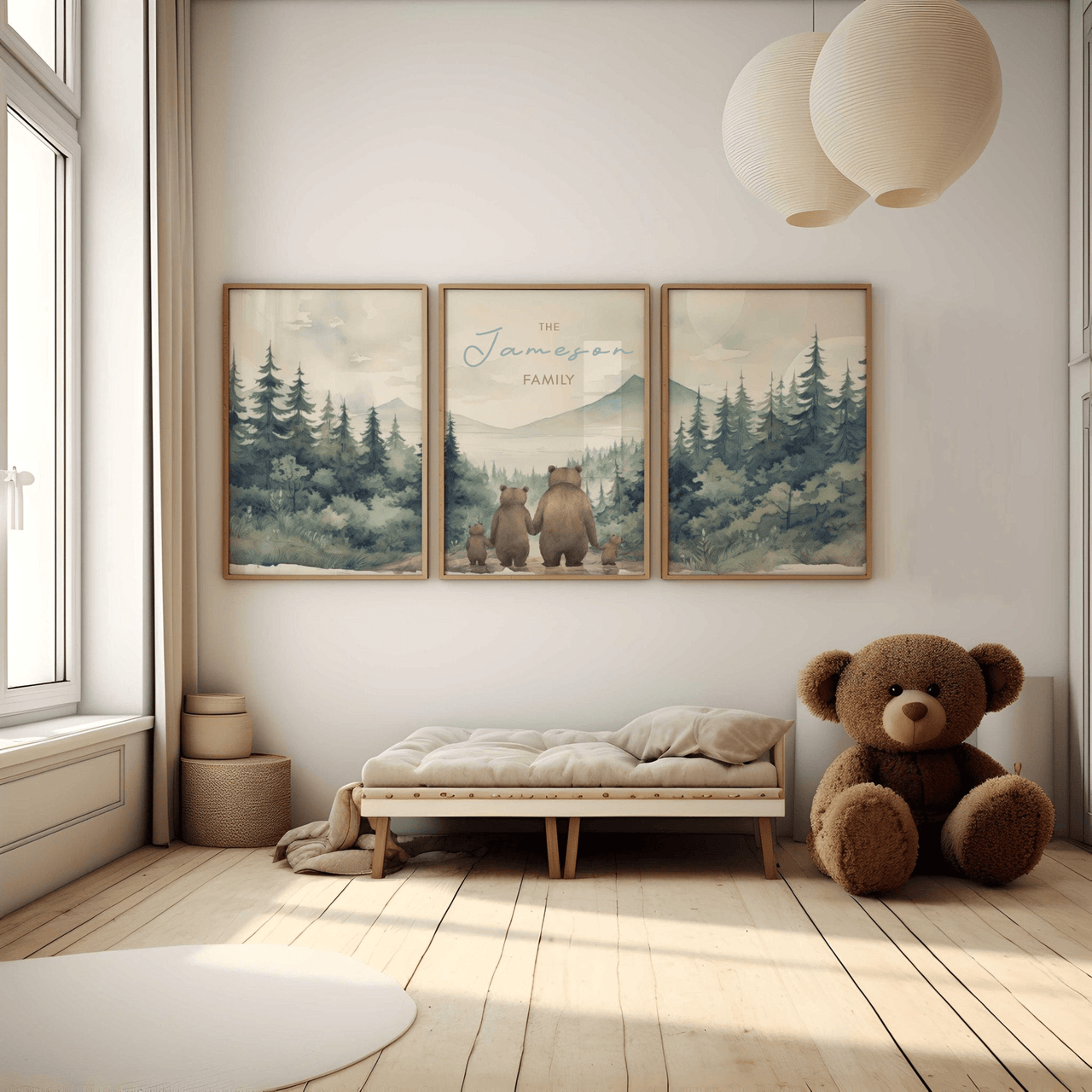 Bear Family Portrait Prints – Woodland Kids Room Decor • Set of 3