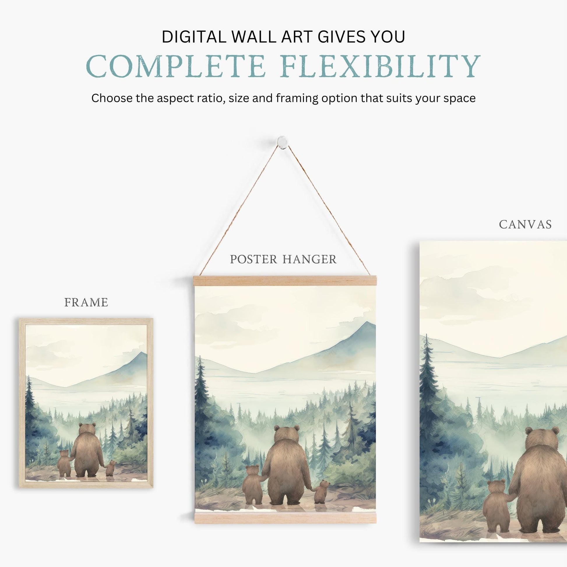 Bear Family Prints, Family of Three, Single Mom Art, Single Dad Gift, Animal Family Portrait, Mama or Papa Bear, Set of 3,Printable Bear Art - My Store